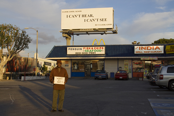 Ernie with Yvonne Rainer's artwork... Pico, west of Fairfax